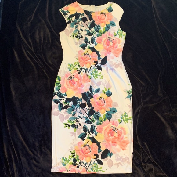 Floral midi pastel rose white body con dress - Picture 1 of 2
